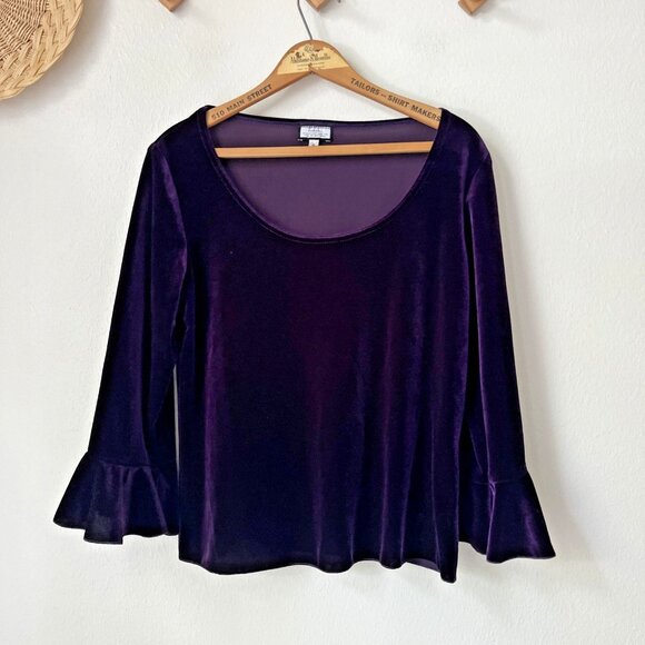 90s Velvet pullover top purple ruffle boxy 3/4 sleeve‎ goth witchy M stretchy - Picture 1 of 5